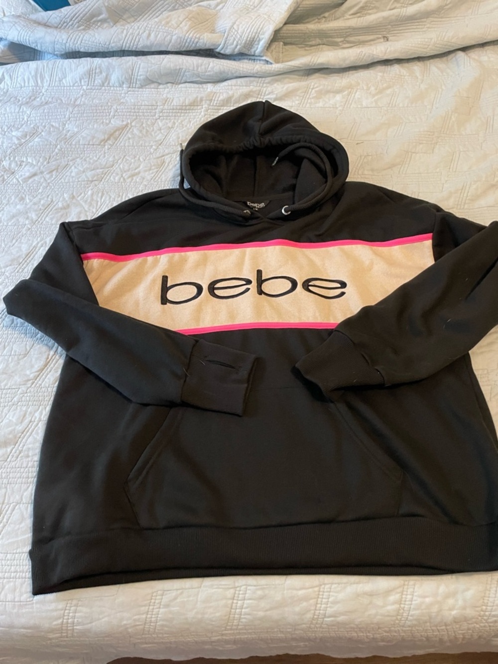 bebe Black Pullover Hoodie with Pink Trim and Cream Panel